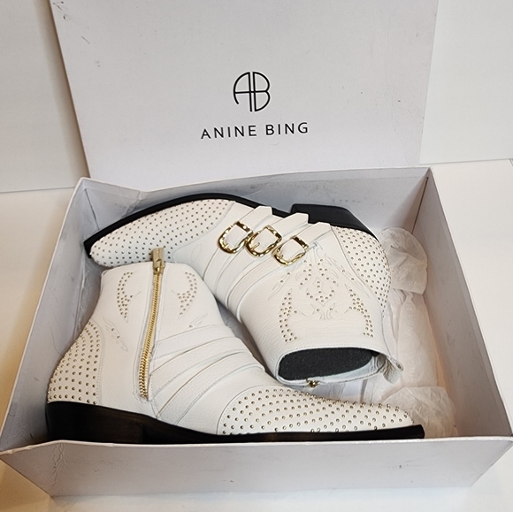 Anine Bing Penny Bootie White Leather Gold Studs. New with box. EU Size 41. - Picture 1 of 16